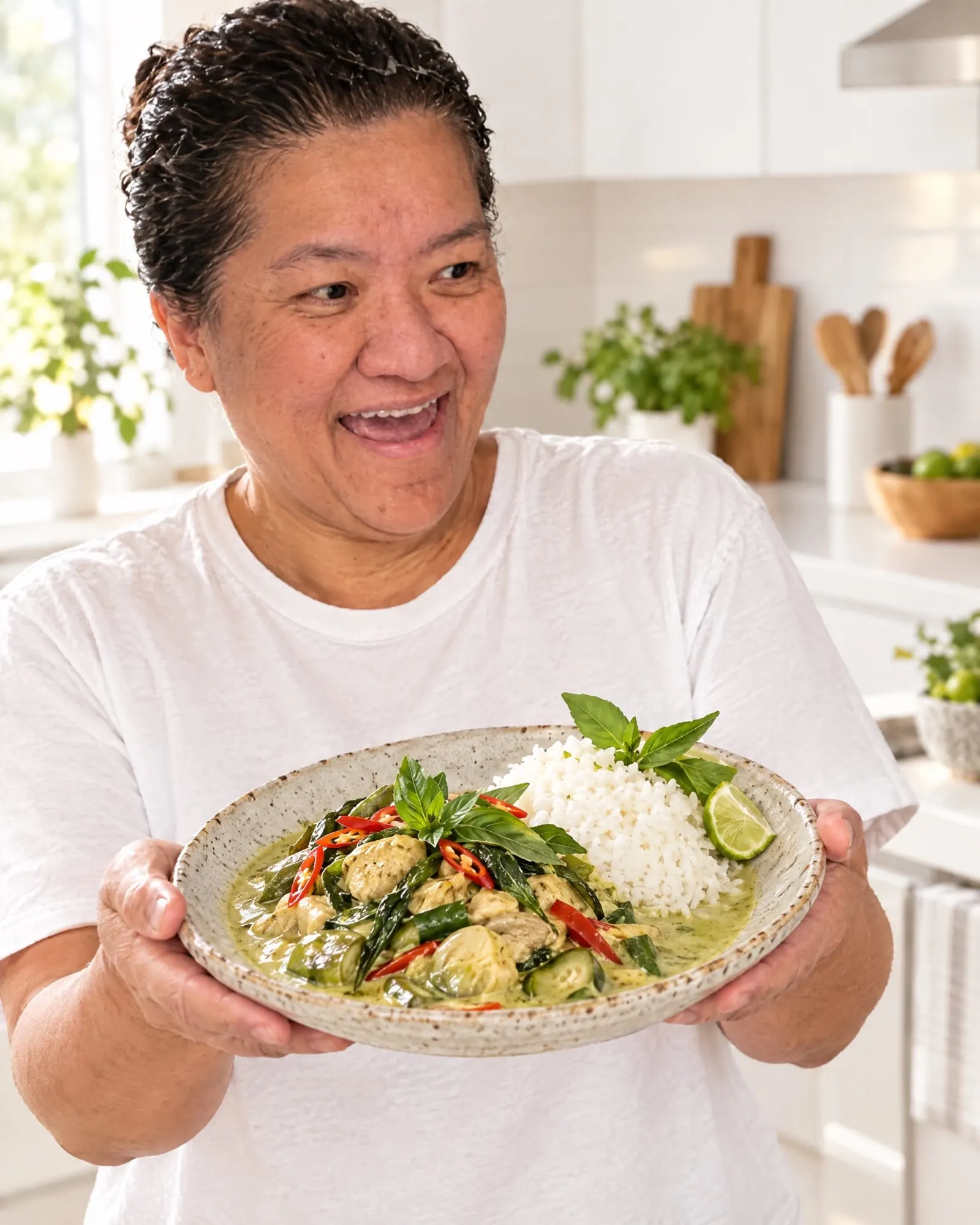 A Wefam family member presenting a home-cooked Thai green curry with jasmine rice